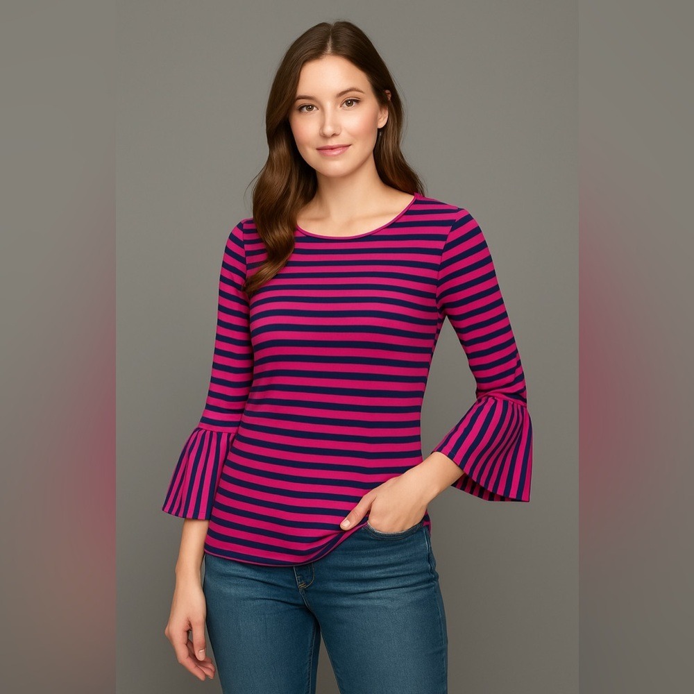 Sailor-Sailor Blue & Pink Striped Ruffle Sleeve Top |‎ Size XS